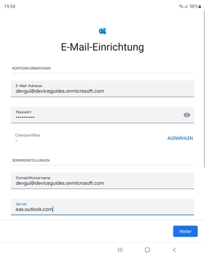 Geben Sie Benutzername und Exchange Server-Adresse ein. Wählen Sie Weiter