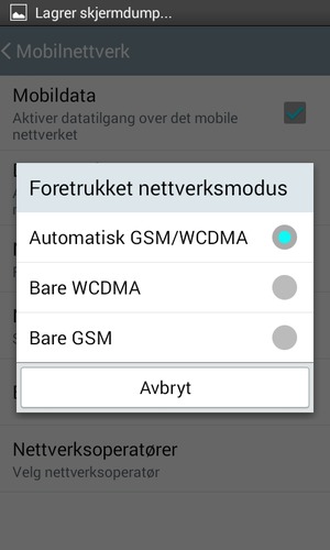 Velg Bare GSM for å aktivere 2G og Automatisk GSM/WCDMA for å aktivere 3G