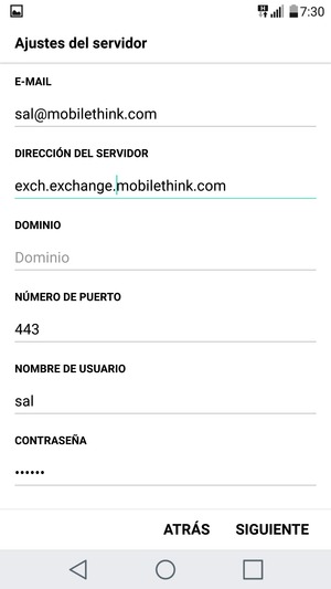 Introduzca dirección del servidor Exchange y Nombre de usuario. Seleccione SIGUIENTE