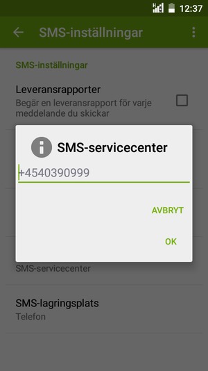 Ange SMS-servicecenter-numret och välj OK