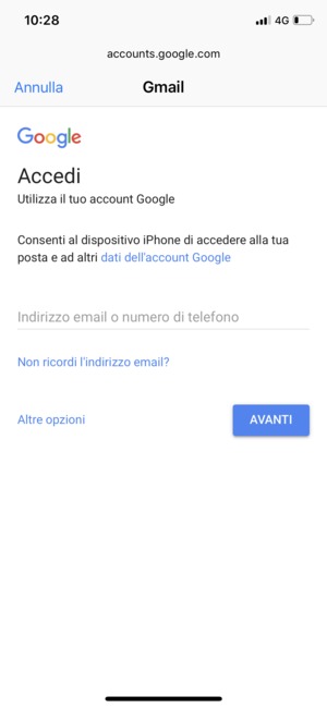 Inserisci il tuo indirizzo Gmail e seleziona AVANTI