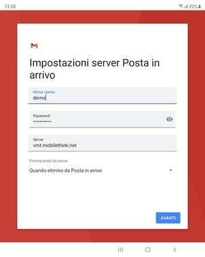 Inserisci Nome utente e l'indirizzo del server di posta in arrivo. Seleziona AVANTI