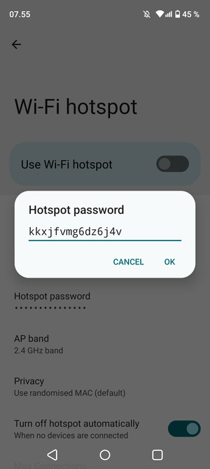 Enter a Wi-Fi hotspot password of at least 8 characters and select OK