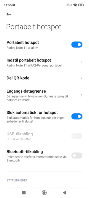 Din telefon er nu sat op til brug som modem