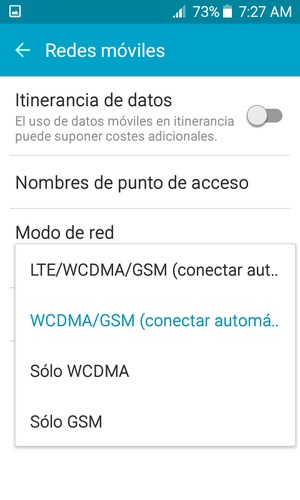 Seleccione Sólo GSM para habilitar 2G y seleccione WCDMA/GSM (conectar automáticamente) para habilitar 3G