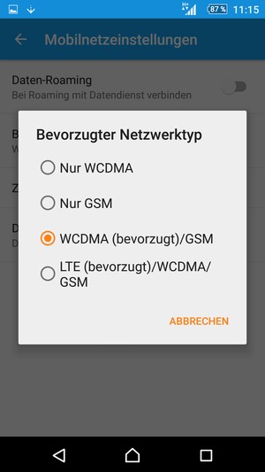 Wählen Sie WCDMA (bevorzugt)/GSM, um 3G zu aktivieren
