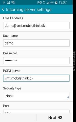 Enter Username and Incoming server address. Select Next