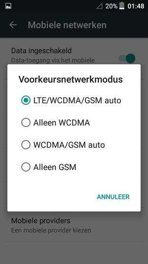 Selecteer WCDMA/GSM auto om 3G in te schakelen en LTE/WCDMA/GSM auto om 4G in te schakelen
