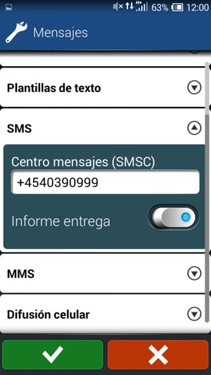 Introduzca el número de Centro mensajes (SMSC) y seleccione Aceptar