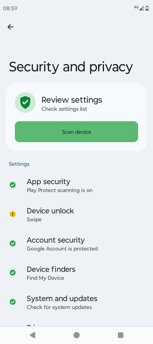 To activate your screen lock, go to the Security and privacy menu and select Device lock