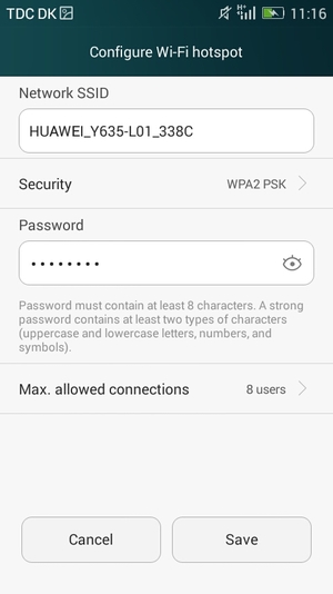 Enter a Wi-Fi hotspot password of at least 8 characters and select Save
