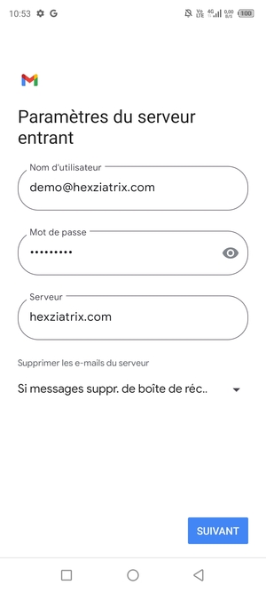 Saisissez votre Nom d'utilisateur et l'adresse du serveur entrant. Sélectionnez SUIVANT