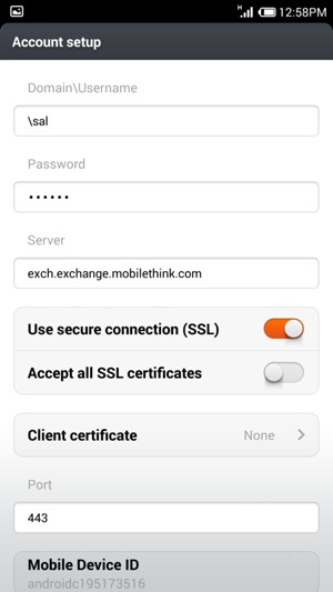 Enter Username and Exchange server address