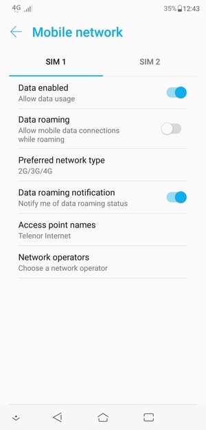Select SIM 1 or SIM 2 and select Preferred network type