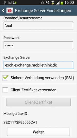 Geben Sie Benutzername und Exchange Server-Adresse ein. Wählen Sie Weiter