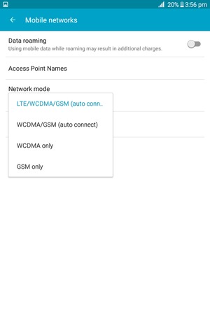 Select WCDMA/GSM (auto connect) to enable 3G and LTE/WCDMA/GSM (auto conn..) to enable 4G