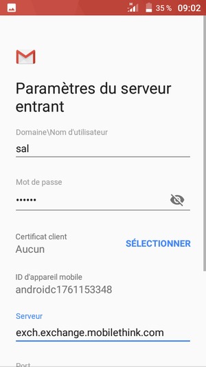 Saisissez Nom d'utilisateur et l'adresse du serveur Exchange