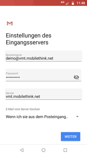 Geben Sie Benutzername und die Server-Adresse für eingehende Post ein. Wählen Sie WEITER