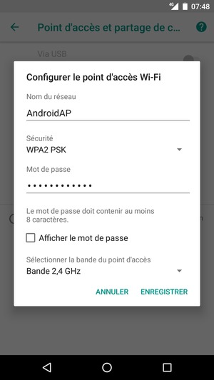 Saisissez un mot de passe de hotspot Wi-Fi d'au moins 8 caractères et sélectionnez ENREGISTRER