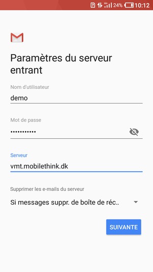 Saisissez votre Nom d'utilisateur et l'adresse du serveur entrant. Sélectionnez SUIVANTE