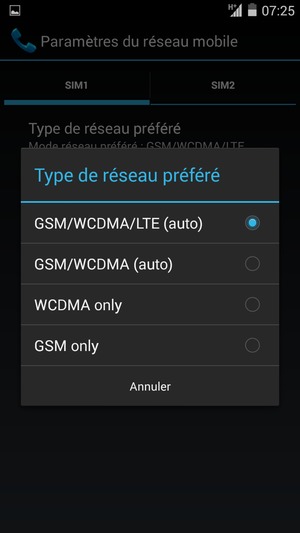 Sélectionnez GSM/WCDMA (auto) pour activer la 3G et LTE/GSM/WCDMA (auto) pour activer la 4G