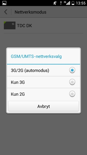 Velg Kun 2G / Kun GSM for å aktivere 2G