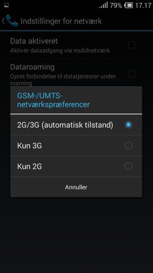 Vælg Kun 2G for at aktivere 2G og 2G/3G (automatisk tilstand) for at aktivere 3G