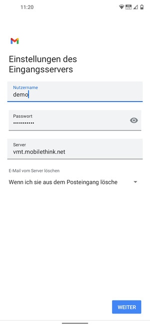 Geben Sie Benutzername und die Server-Adresse für eingehende Post ein. Wählen Sie WEITER