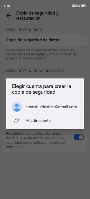 Seleccione su cuenta de copia de seguridad