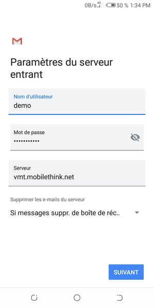 Saisissez votre Nom d'utilisateur et l'adresse du serveur entrant. Sélectionnez SUIVANT