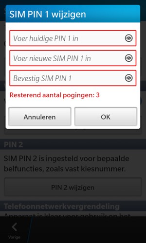 Voer uw Huidige en Nieuw SIM PIN in. Bevestig de Nieuw SIM PIN en selecteer OK