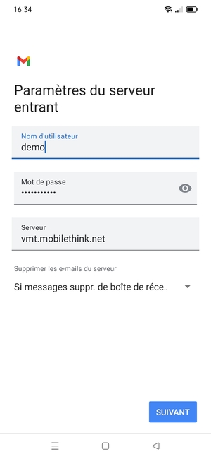 Saisissez votre Nom d'utilisateur et l'adresse du serveur entrant. Sélectionnez SUIVANT