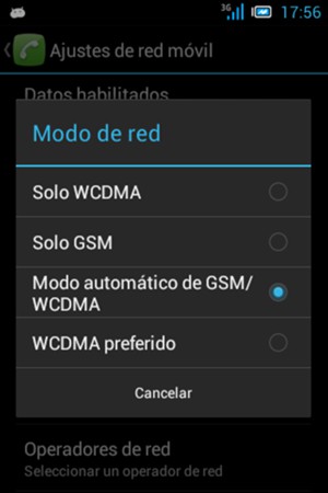 Seleccione Solo GSM para habilitar 2G y Modo automático de GSM/WCDMA para habilitar 3G