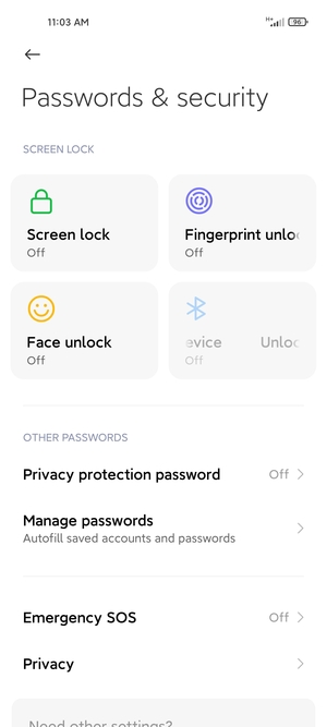 To activate your screen lock, return to the Security menu and select Screen lock