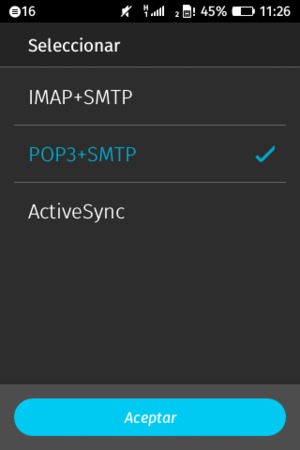 Seleccione IMAP+SMTP o POP3+SMTP y seleccione Aceptar