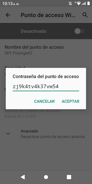 Introduzca una contraseña de punto de acceso Wi-Fi de al menos 8 caracteres y seleccione ACEPTAR