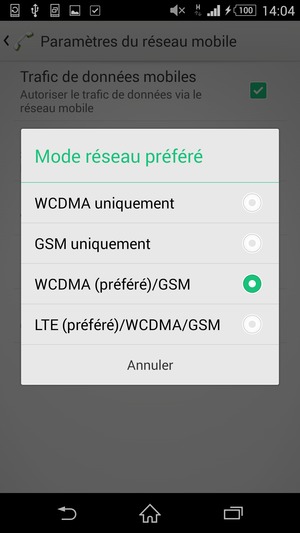 Sélectionnez GSM uniquement pour activer la 2G et WCDMA (préféré)/GSM pour activer la 3G