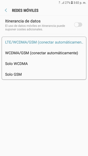 Seleccione WCDMA/GSM (conectar automáticamente) para habilitar 3G y seleccione LTE/WCDMA/GSM (conectar automáticamente) para habilitar 4G