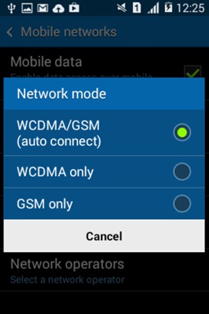 Select GSM only to enable 2G and WCDMA/GSM (auto connect) to enable 3G