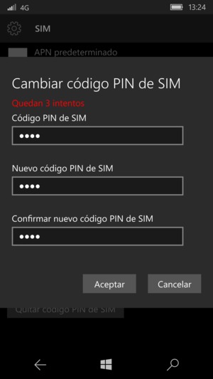 Introduzca su Código PIN de SIM y Nuevo código PIN de SIM. Confirmar Nuevo código PIN de SIM y seleccione Aceptar