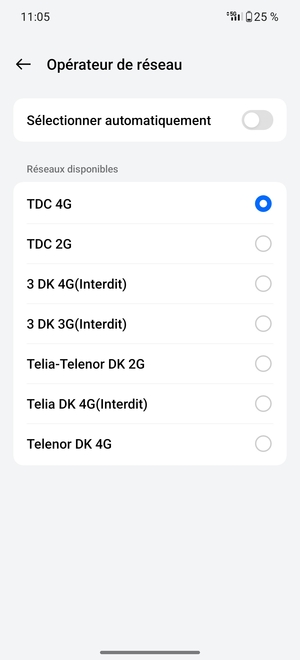 Sélectionnez un opérateur réseau dans la liste