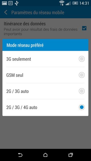 Sélectionnez GSM seulement pour activer la 2G