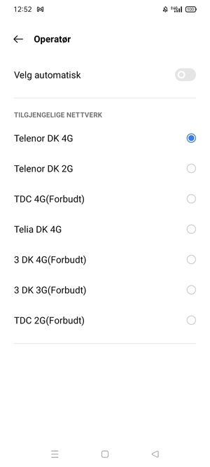 Velg en nettverksoperatør fra listen