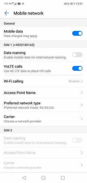 Scroll to SIM 1 or SIM 2 and select Access Point Name