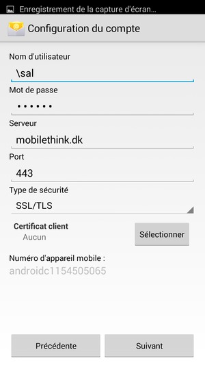 Saisissez votre Nom d'utilisateur et l'adresse du serveur Exchange. Sélectionnez Suivant