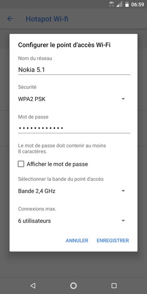 Saisissez un mot de passe de hotspot Wi-Fi d'au moins 8 caractères et sélectionnez ENREGISTRER