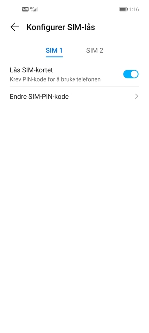Velg SIM 1 eller SIM 2 og velg Endre SIM-PIN-kodet