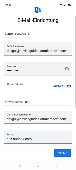 Geben Sie Benutzername und Exchange Server-Adresse ein. Wählen Sie Weiter