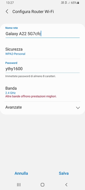 Inserisci una password di almeno 8 caratteri e seleziona Salva