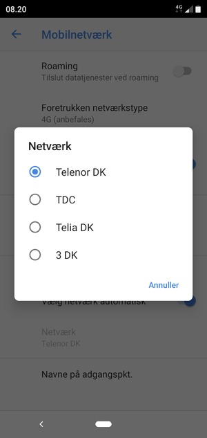 Vælg en netværksudbyder fra listen